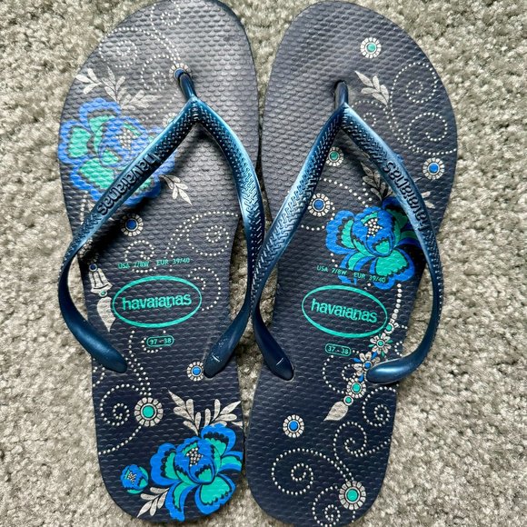 Havaianas Floral Flip Flops beach sandals in blue & green - Picture 1 of 2